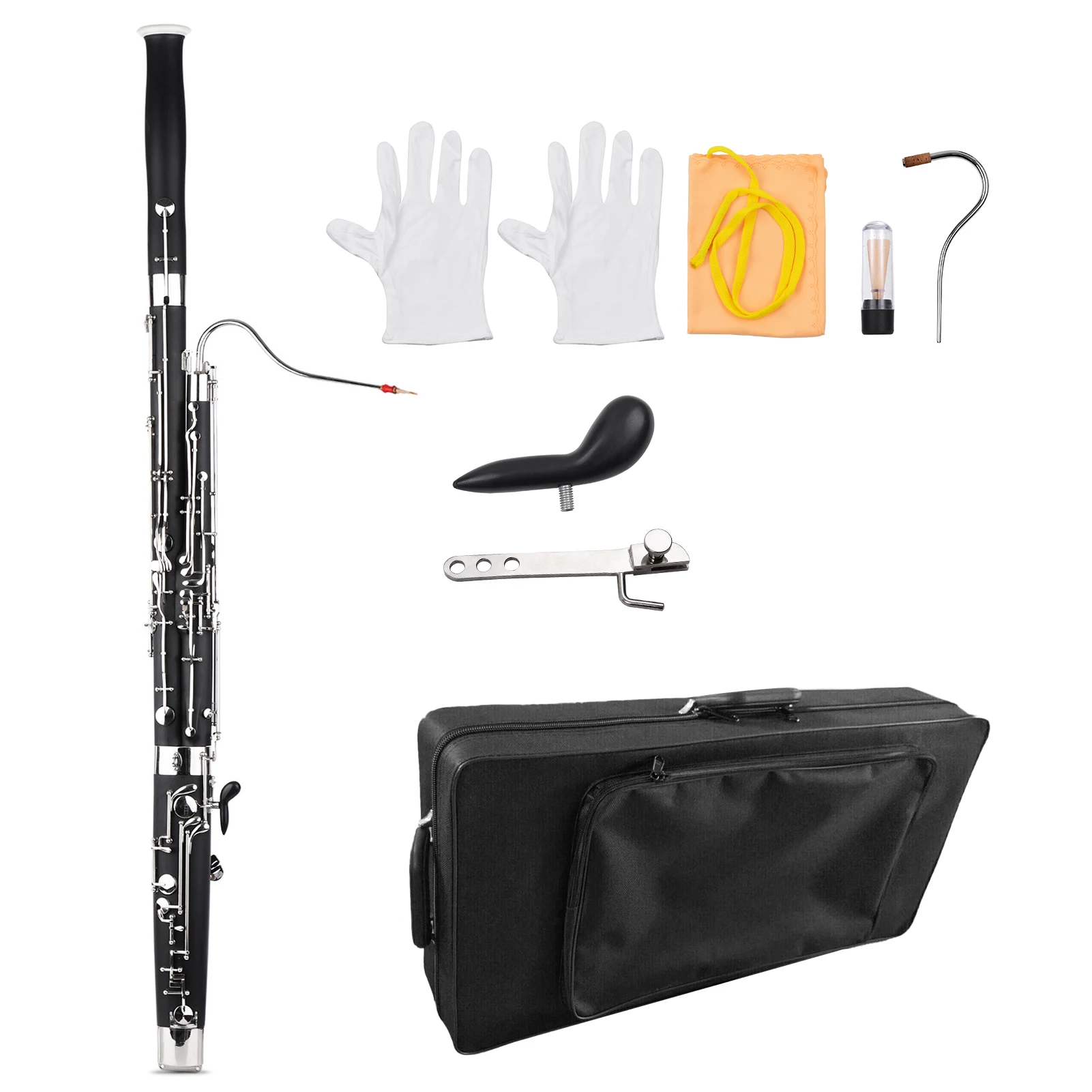 Muslady Professional C Key Bassoon Woodwind Instrument Wood Body Nickel-Plated Key with Reed Gloves Cleaning Cloth Carrying Case