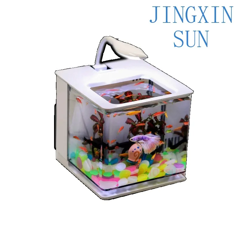 Vintage Plastic Aquarium with Filter and Light Emitting Diode Light Small Acrylic Barrel Fish Tank