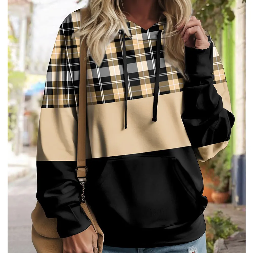 Women's Sweater Hoodies Sweatshirts Retro Trendy Checkered Color Blocked Street Long Sleeve Pullovers Autumn Woman Clothes