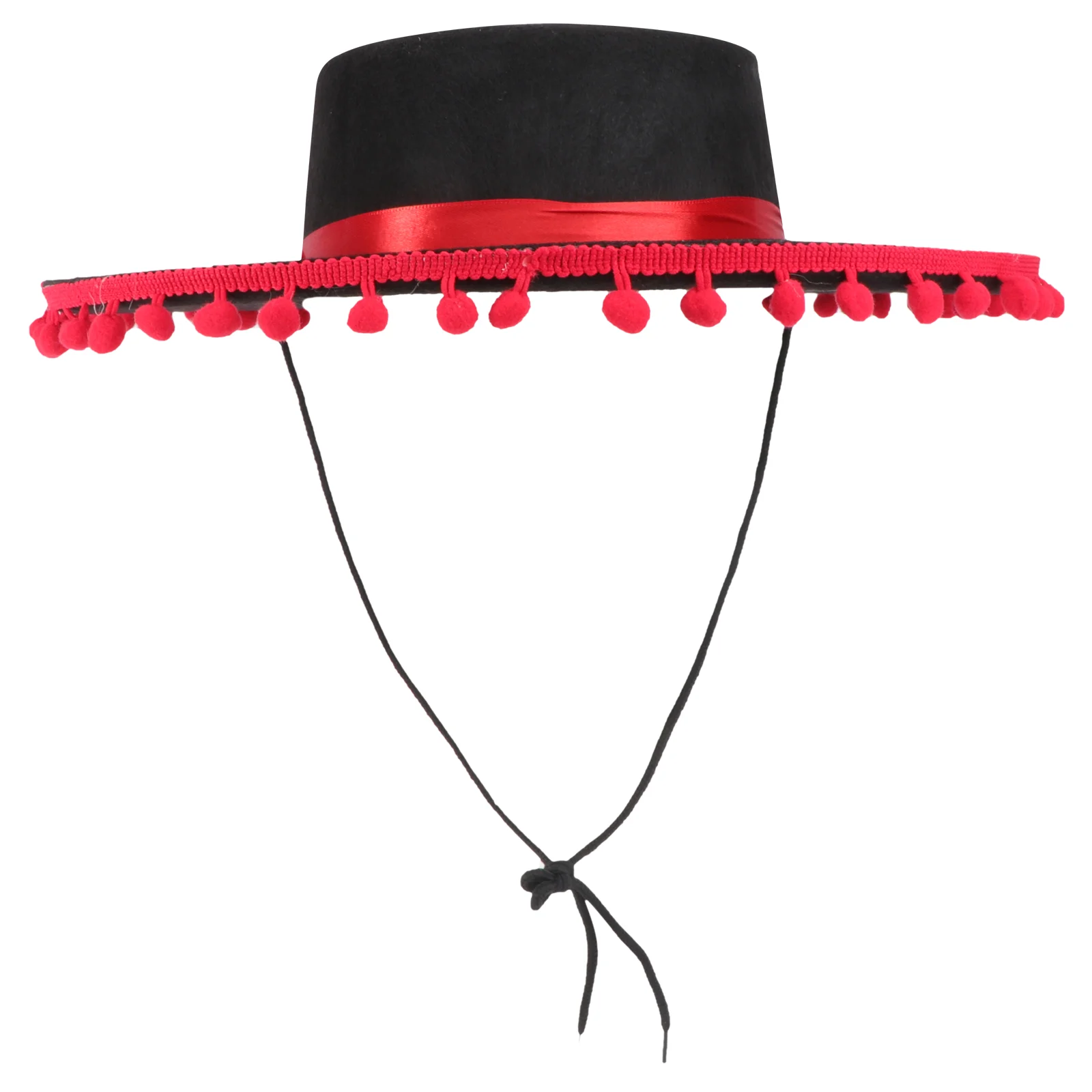 Fashion Felt Hat Red Hair Ball Ribbon Mexican Hat Dancing Party Performance Hat (Black+Red) red hair ball ribbon felt hat