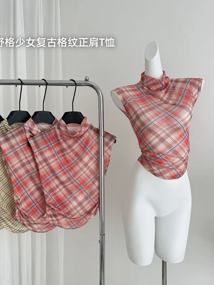 Summer Women Old Money French Vintage Plaid Tank Top Coquette Turtleneck T-Shirts 2000s Aesthetic Gyaru Crop Tops Tees Mori Girl