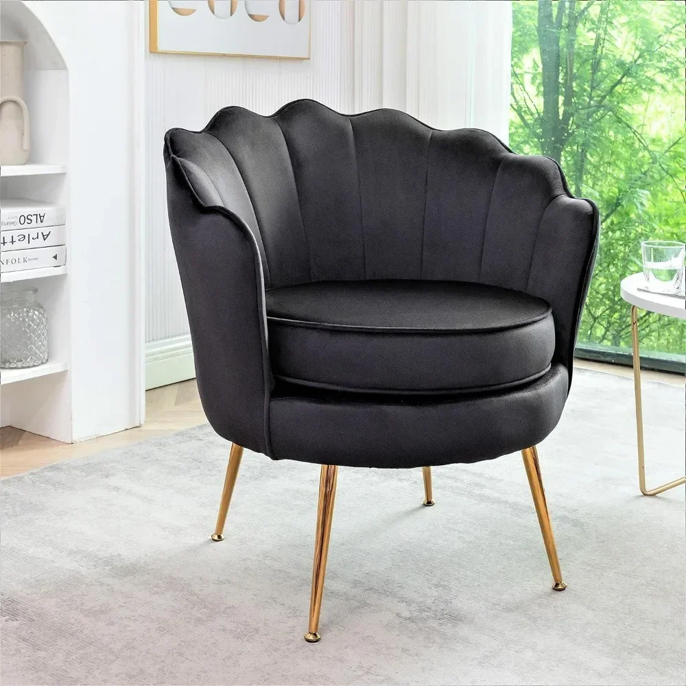 Furniture Direct Velvet Barrel Accent Chair With Scalloped Silhouette and Gold Metal Legs Chairs for Living Room Furniture Black