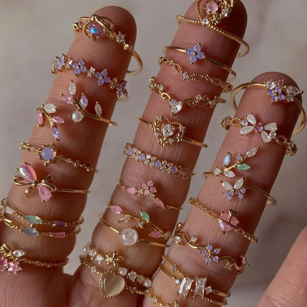 New ins Cute Colorful Zircon Moon Butterfly Flower Ring For Women Girl Fashion Vintage Zircon Adjustable Rings Jewelry Gift