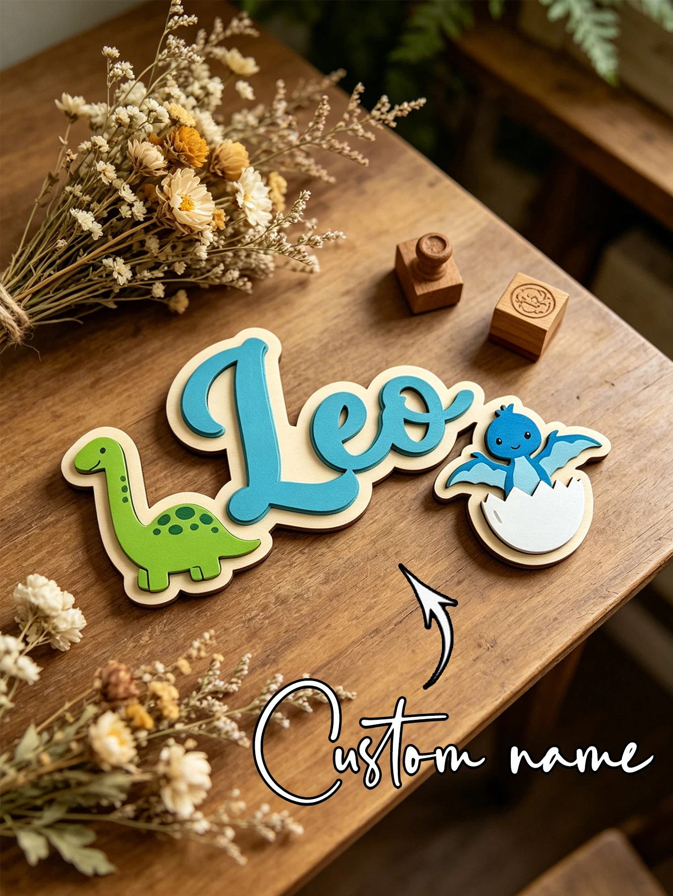 Custom Dinosaur Wooden Name Sign Personalized 3D Layered Name Plaque Baby Boy Nursery Wall Decor Newborn Shower Birthday Memory