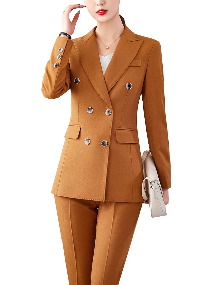 

Fashion Women Blazer Pant Suit Ladies Black Yellow Khaki Female Business Work Wear Jacket and Trouser Formal 2 Piece Set