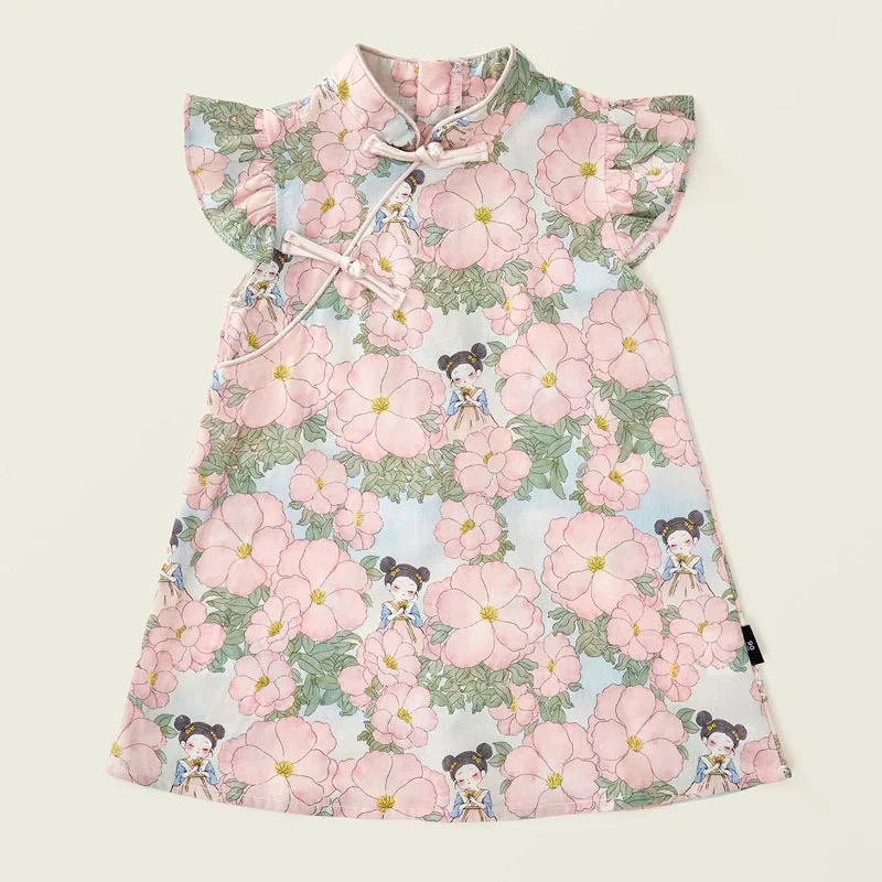

2025 Summer Girls Dresses China Style Fashion Cute Print Flowers Sleeveless Cotton Birthday Dress Boutique Kids Clothing B052