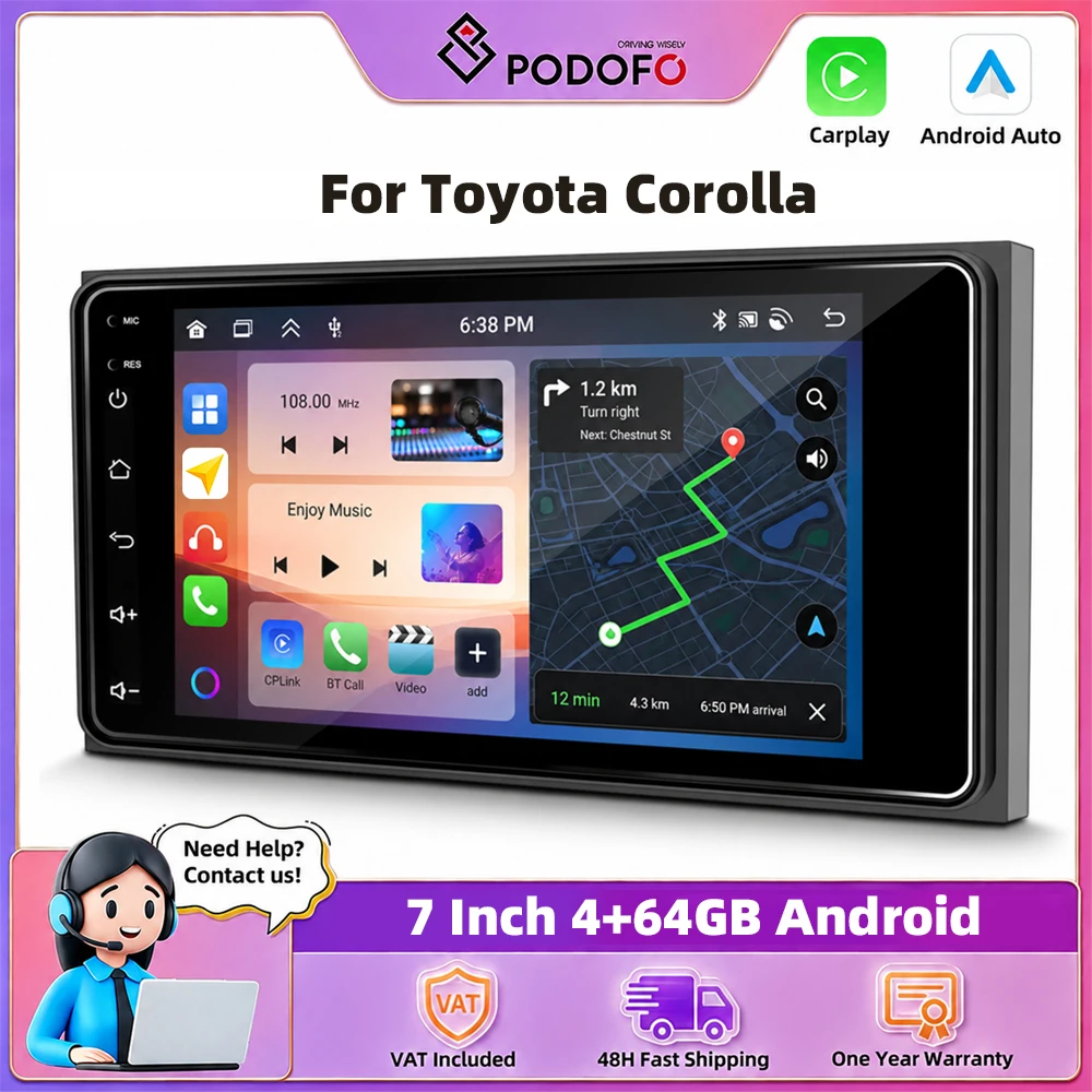 Podofo 7" 2Din Car Radio 4GB 64GB Wireless Carplay Android Auto Smart Driving Systems MirrorLink Car Stereo HD Touch Screen Multimedia Player GPS BT FM Headunit for Toyota Corolla