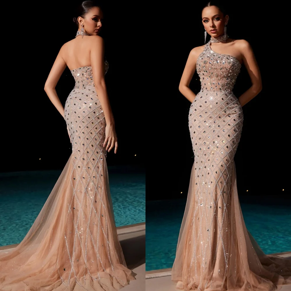 

Customized Mermaid Luxury Evening Dresses Classic Halter Sleeveless Homecoming Dresses Elegant Court Train Vestido De Festa