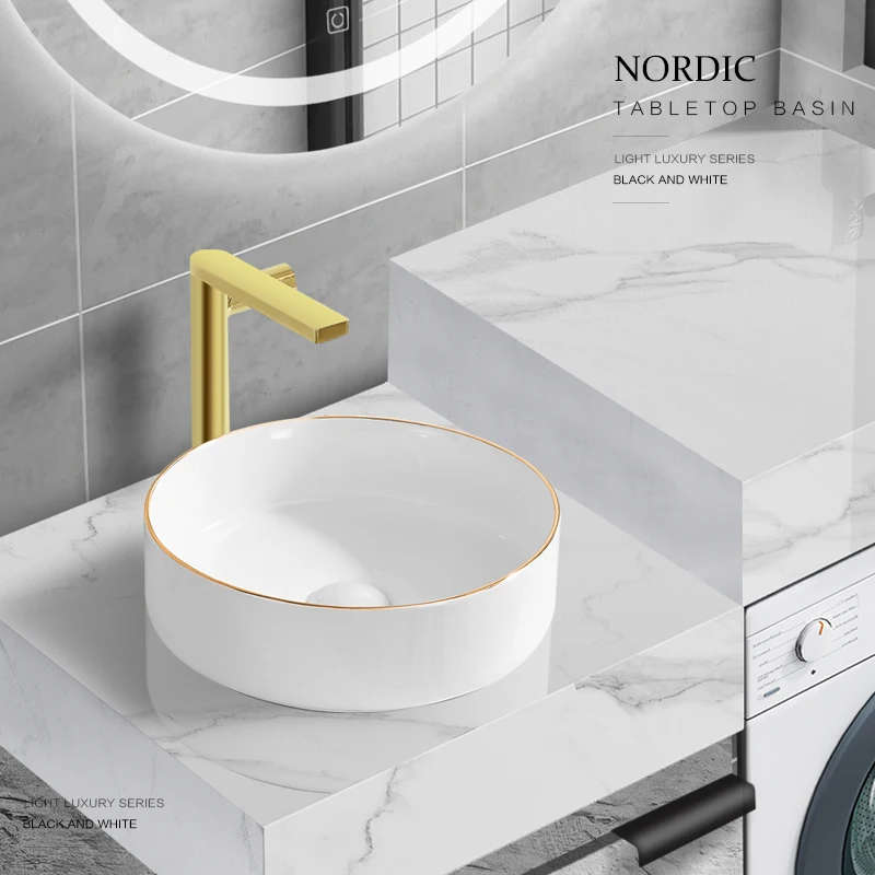31/36/40cm Nordic Round Countertop Washbasin Household Gold Rim Bathroom Sink Artistic Ceramic Basin Toilet Vessel Sink