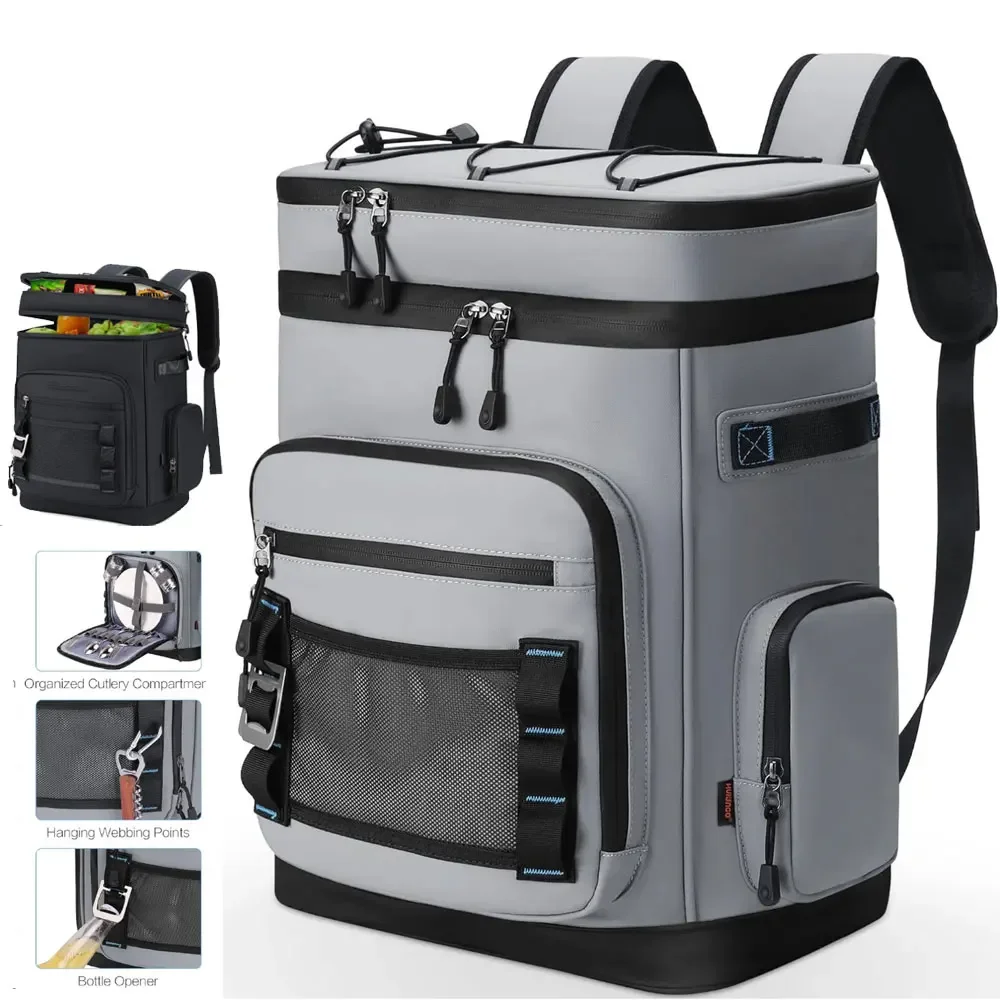 新しい漏れ防止機能付き断熱クーラーバックパック-30l、防水仕様のクーラーバッグ、キャンプ、釣り、ビーチ、ピクニックに最適な携帯用旅行バッグ。