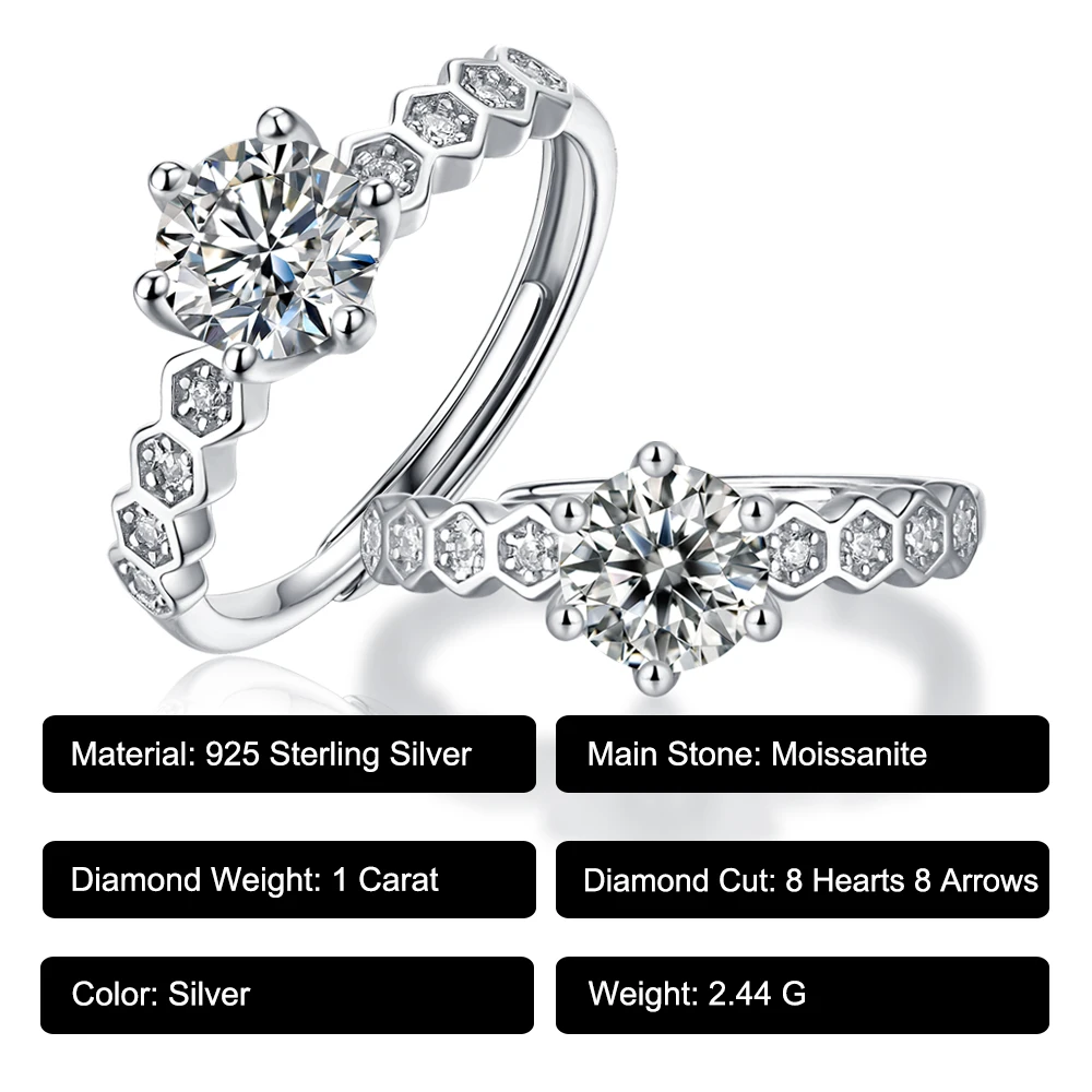 Fine Jewelry 925 Sterling Silver 0.5-3 CT Moissanite Diamond Women's Rings Adjustable Opening Solid Ring- Nine Star Ring