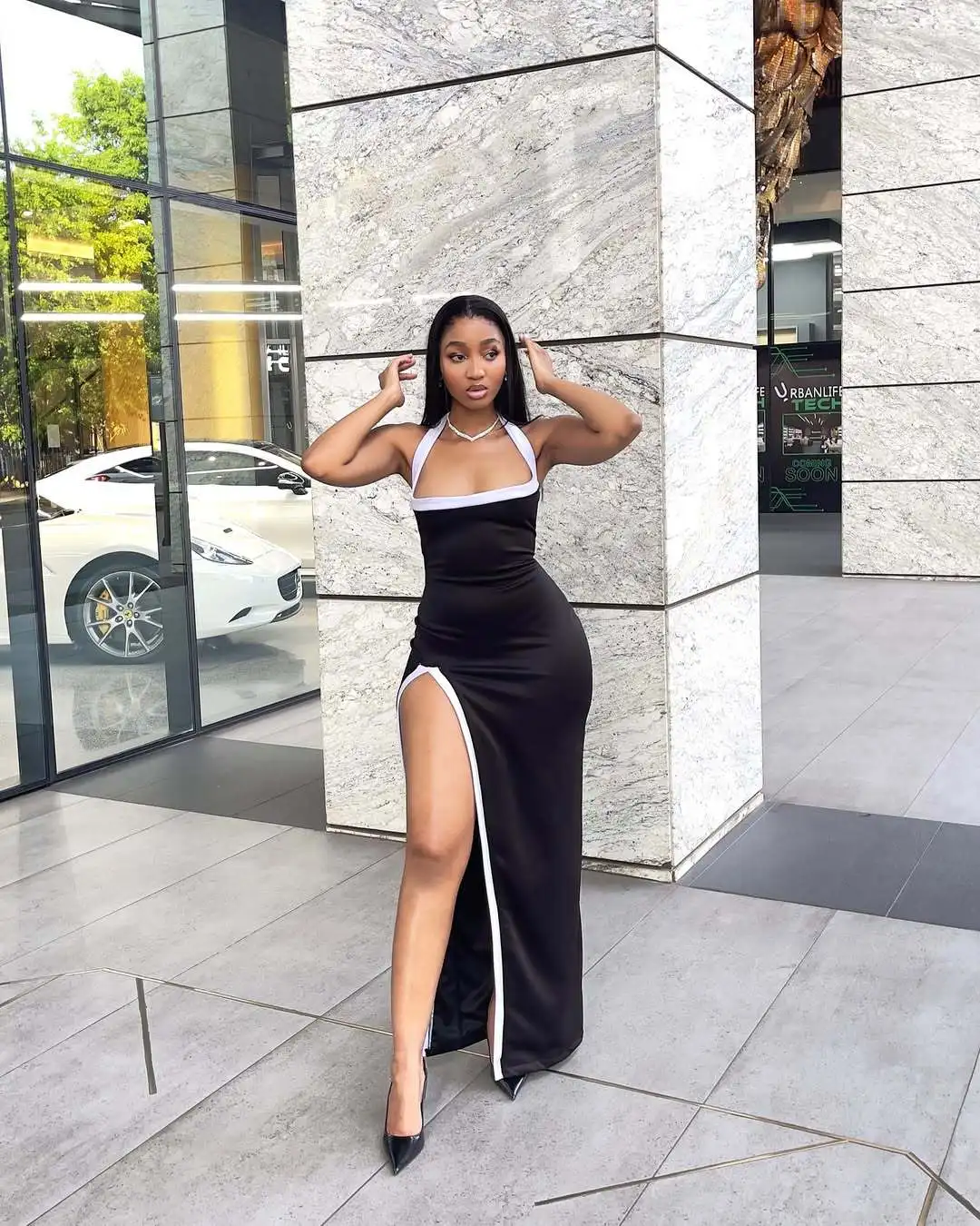 Y6063 レディース ホルターネック 長袖 ハイサイドスリット ボディコン ミディ丈 マキシ丈 ロングドレス 2025 誕生日 休暇 セクシー パーティー ドレス