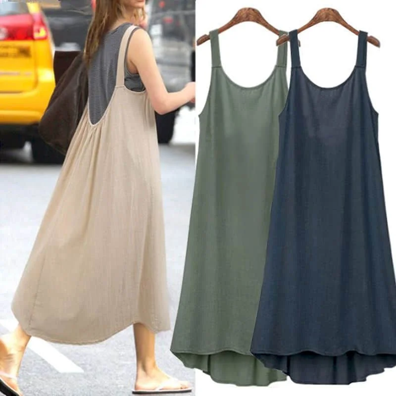 

Women Dresses Vintage Cotton Linen Solid A-line Loose Korean Fashion Sleeveless Sundress Mid-Calf Thin Dress for Women Clothing