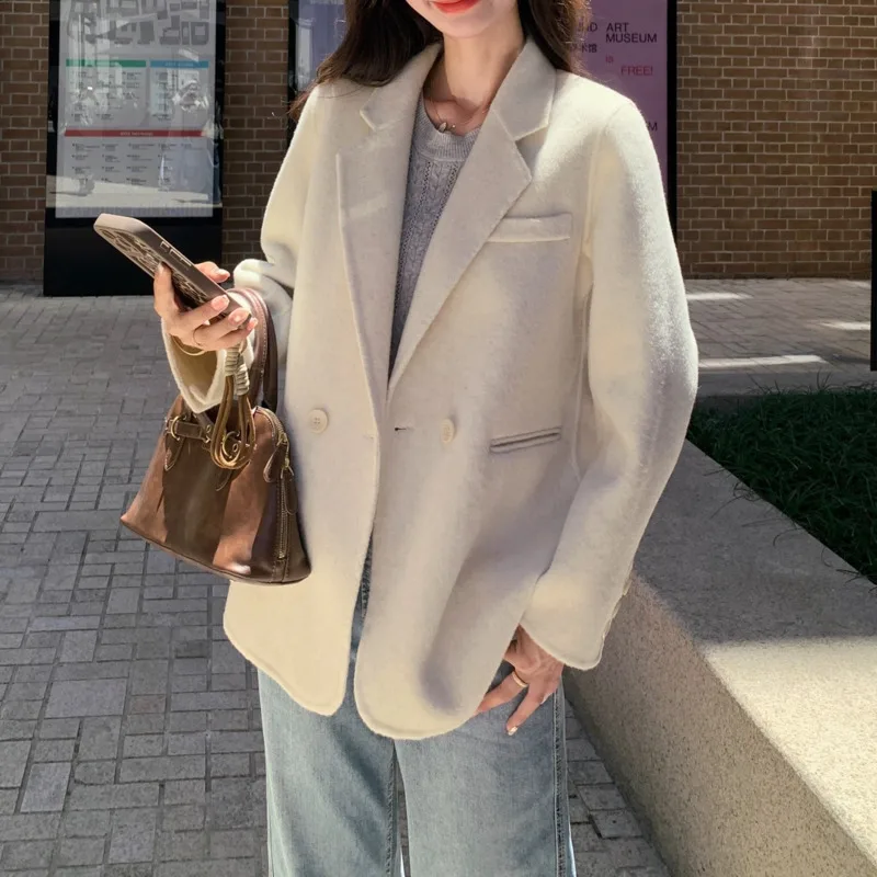 WHTREND Nuovo Autunno E Inverno Blazer di Lana Per Le Donne Versione Coreana Colletto Dentellato Giacca Doppio Petto Cappotti WH1410