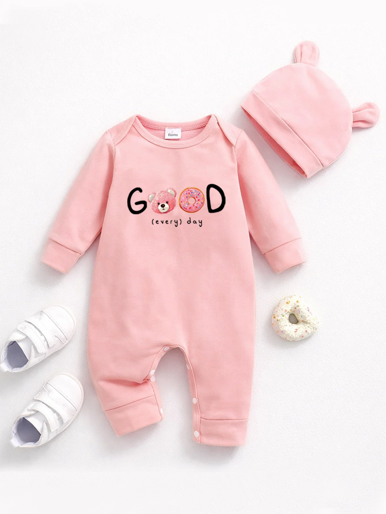 Newborn Baby Girl Romper with Hat, Cartoon Print Cotton Long Sleeve Infant Jumpsuit, Soft Breathable One-Piece Outfit for 3-12M
