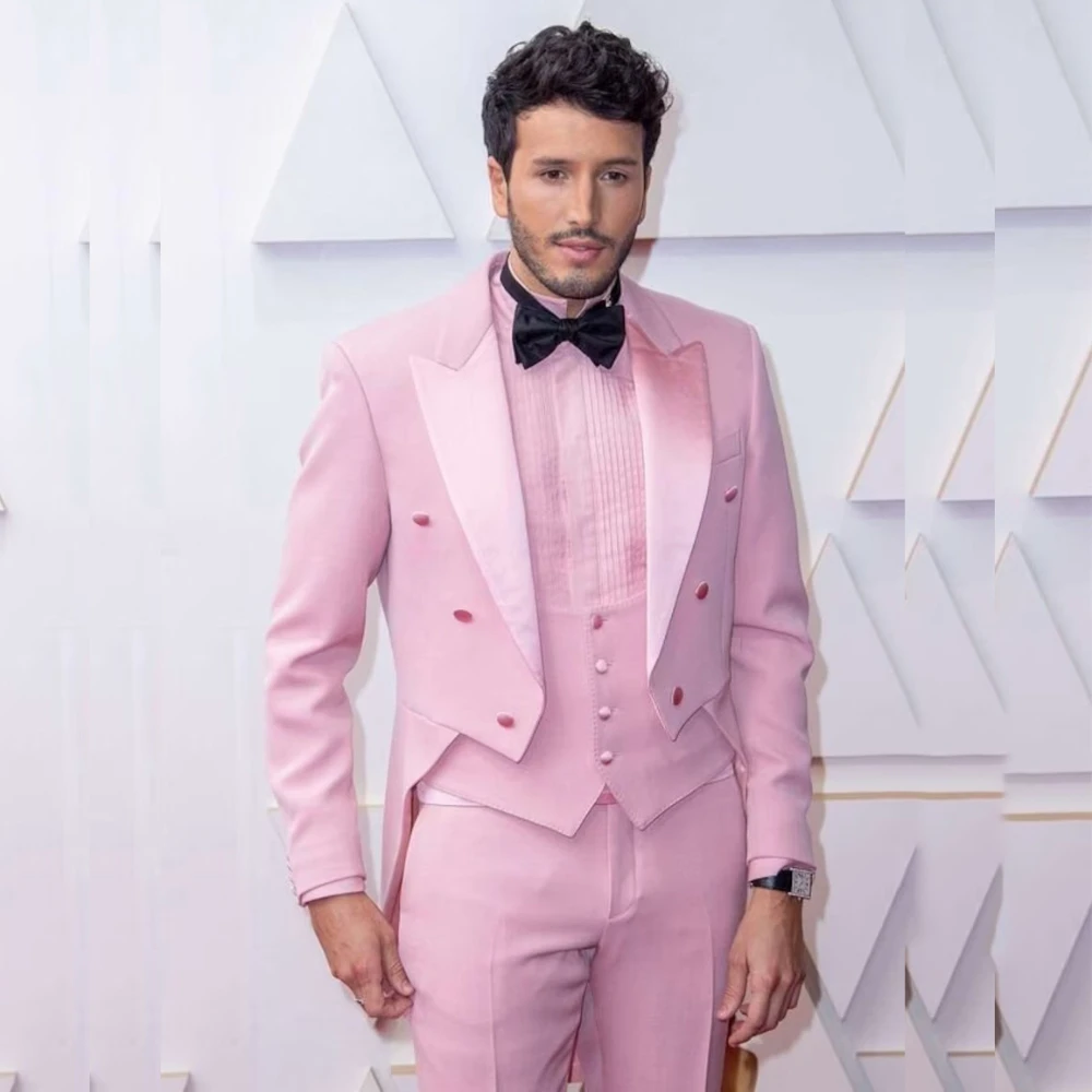 

Elegant Pink Men Suits Peak Lapel Double Breasted Formal Wedding 3 Piece Jacket Pants Vest Elegant Male Clothing