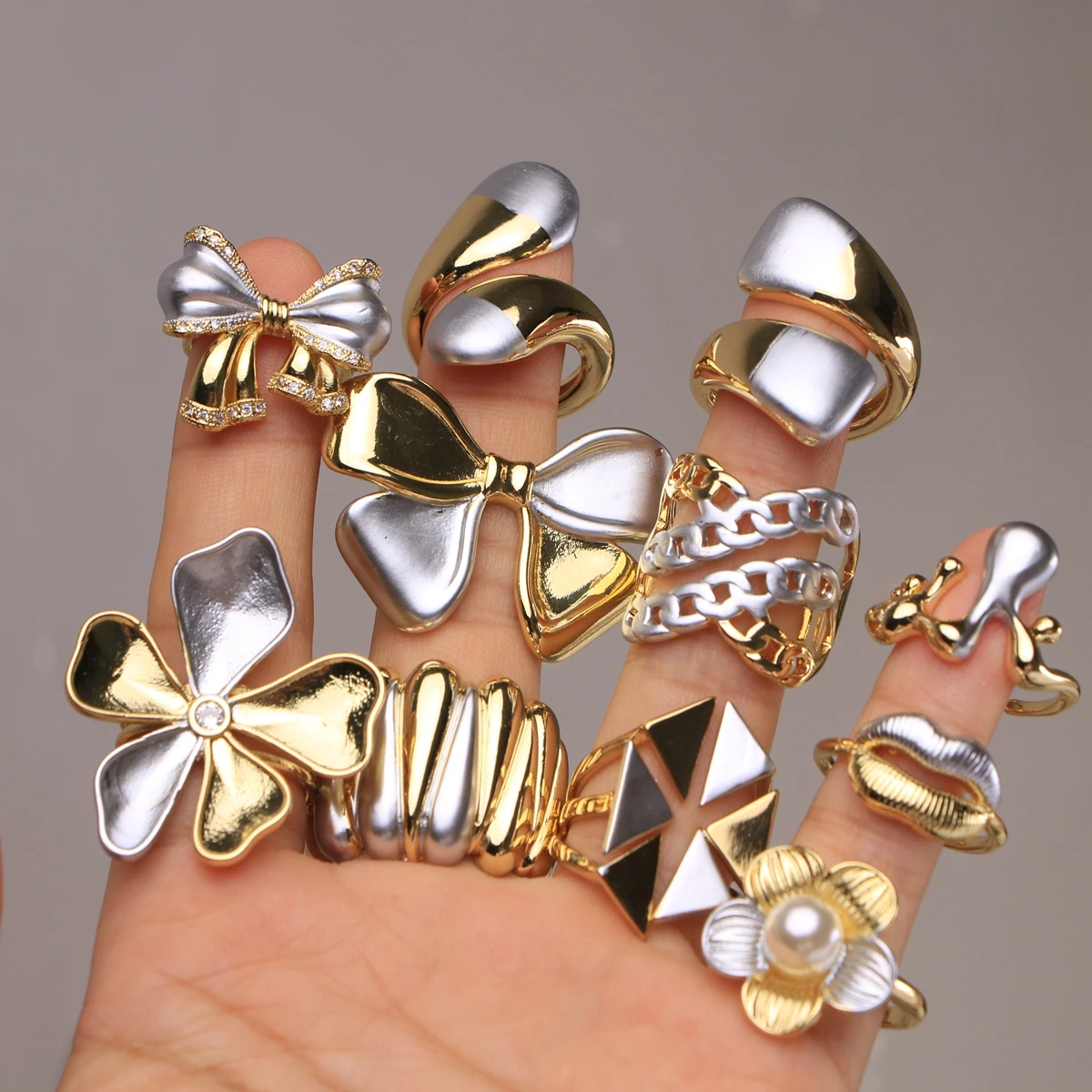 5 peças, coração oval borboleta irregular geométrico aberto anéis 18k banhado a ouro cor prata suave na moda anel de charme para mulher