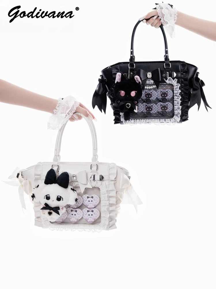 

Original Design Lace Trim Pain Bag Japanese Sweet Girls Women's Pleated Ribbon Bow Totes Handbag Portable Shoulder Bags