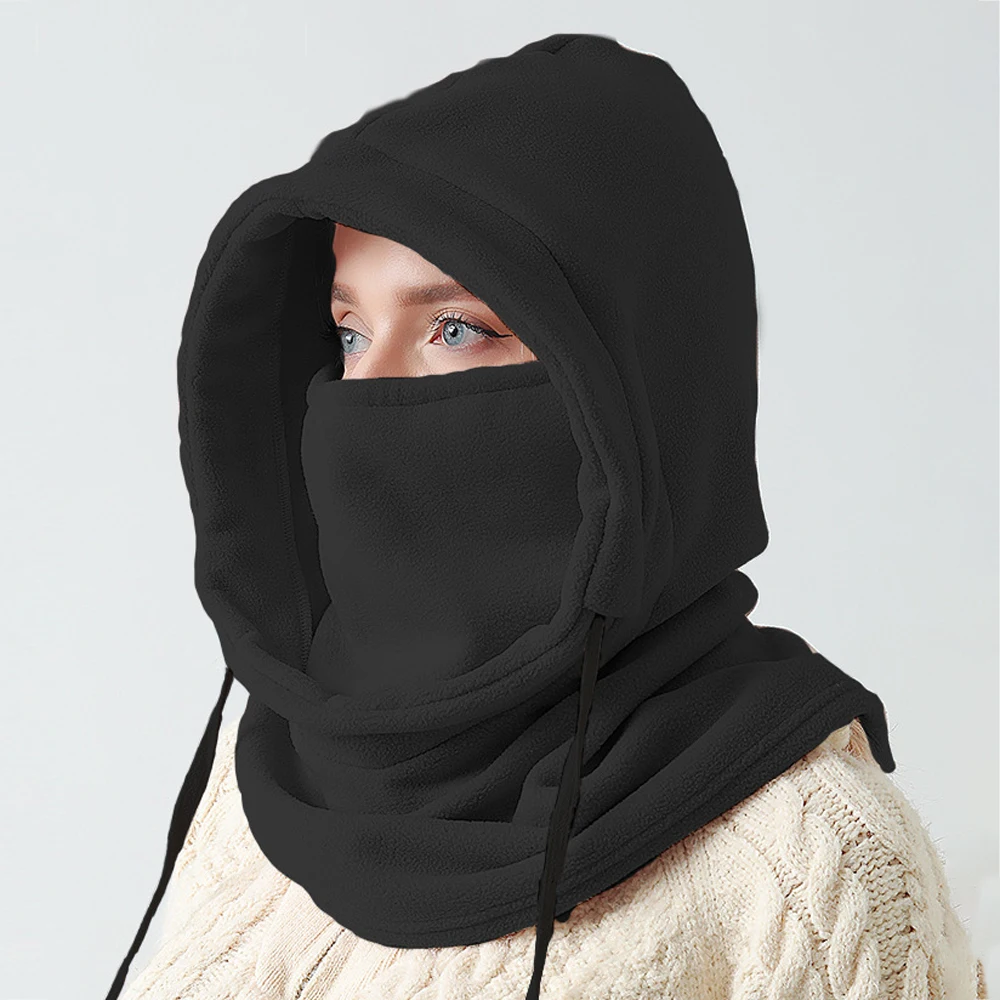 قبعة شتوية دافئة من الصوف القطبي، قناع تزلج مقاوم للرياح، ياقة متكاملة للرياضات الخارجية بقلنسوة دافئة