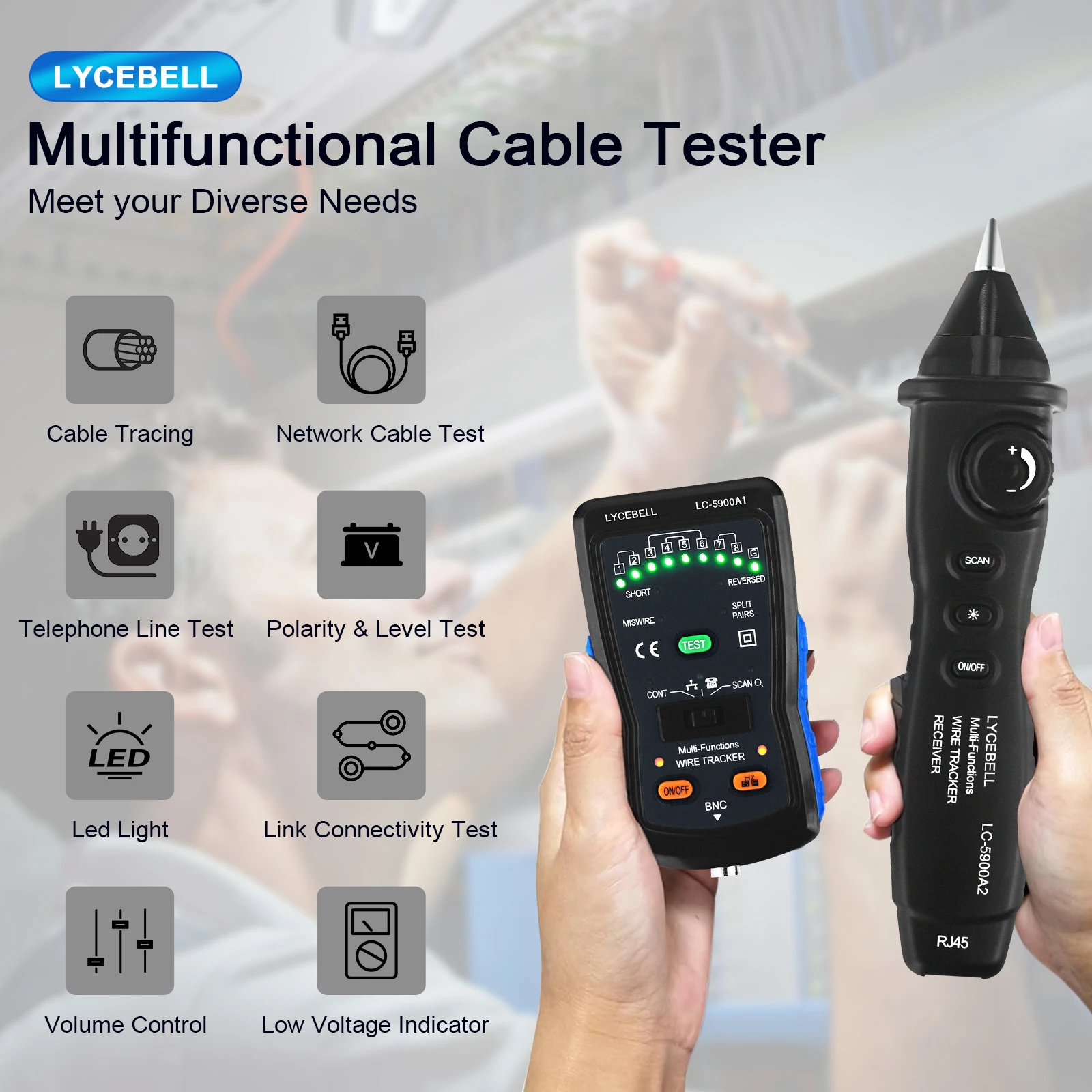 

Multifunctional Handheld Cable Tester&Tracker-Detects RJ45/RJ11/BNC Cables,Network Line Faults,Telephone Line Status,with LED