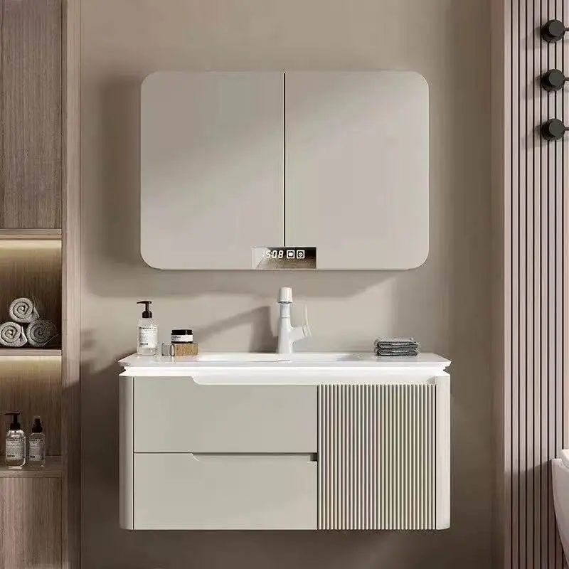 

Комбинированный шкаф для ванной из дуба, встроенный керамический умывальник, складной зеркальный шкаф в стиле фэн-шуй, комбинированный шкаф для умывания.