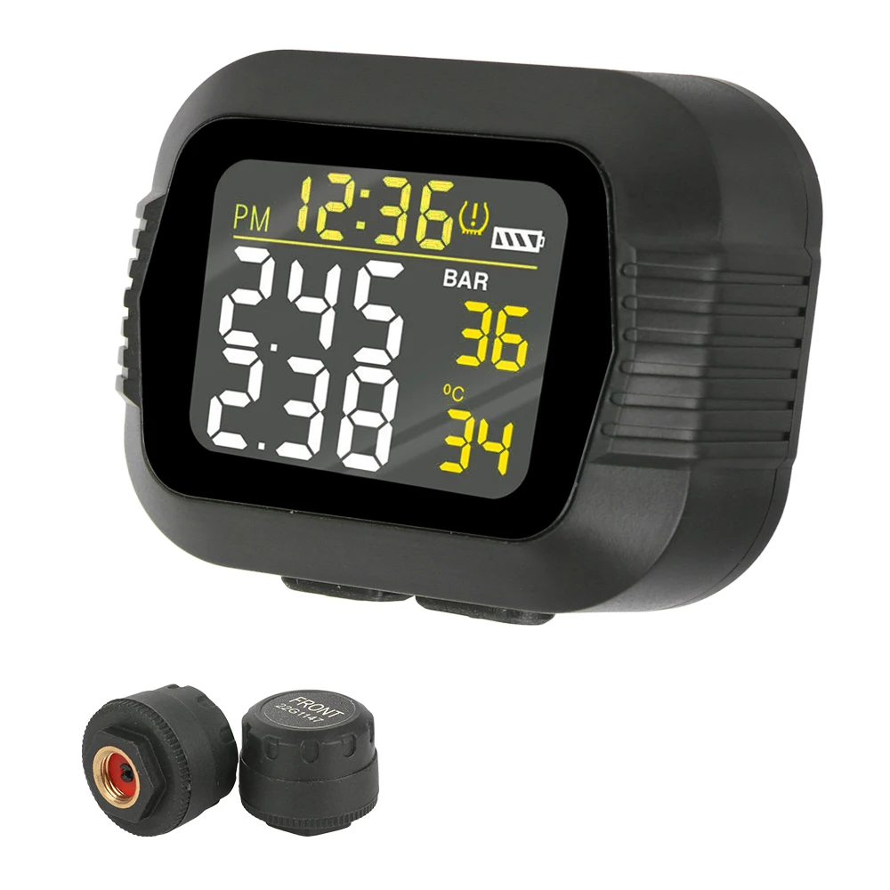 Motorcycle TPMS Tire Pressure Monitoring System LCD Colorful Display With 2 External Sensors Temperature Alarm Real Time