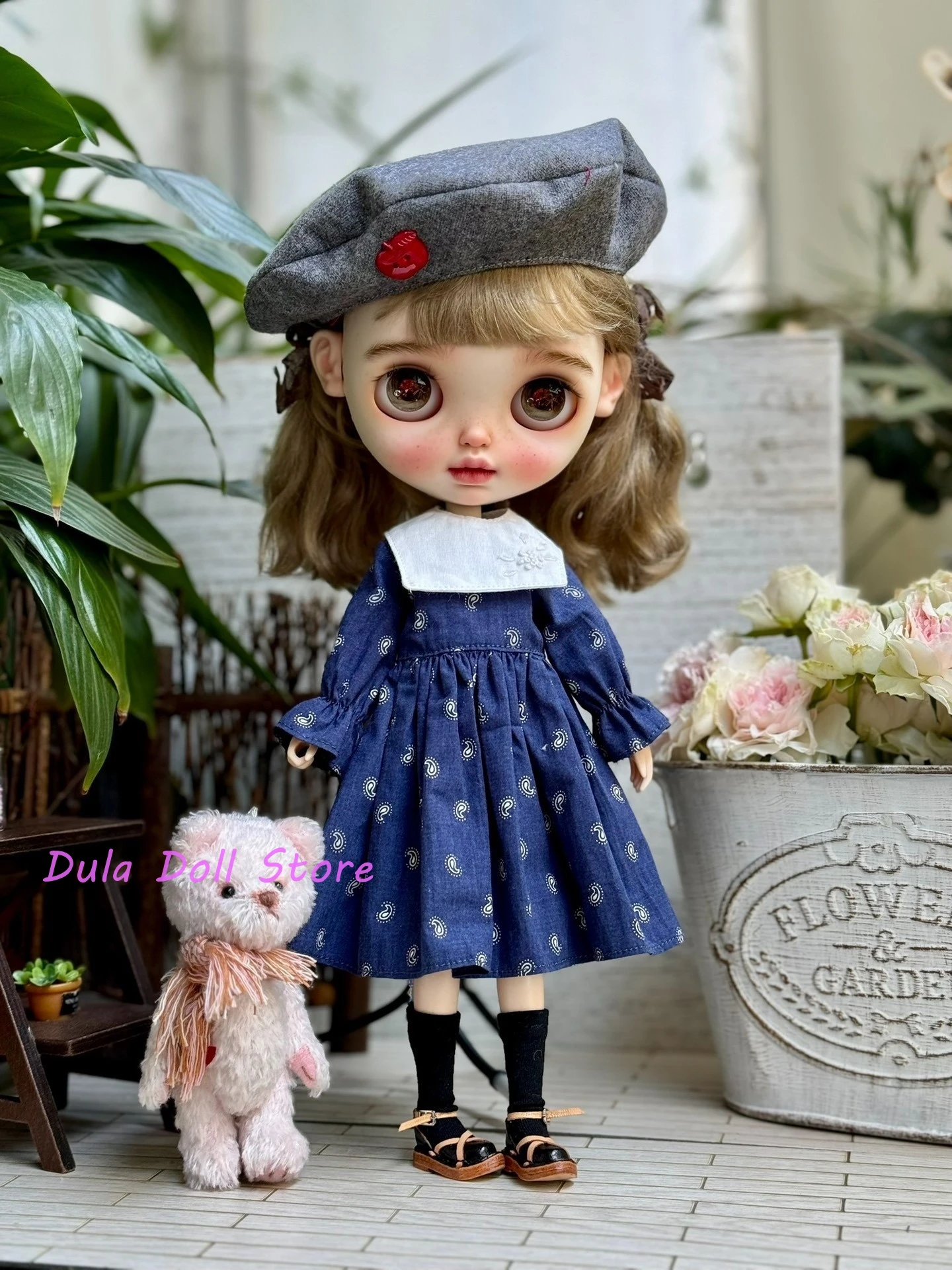 

Dula Doll Clothes Dress Blue dress beret for Blythe Landoudou Landazz ob24 ob22 Doll Accessories
