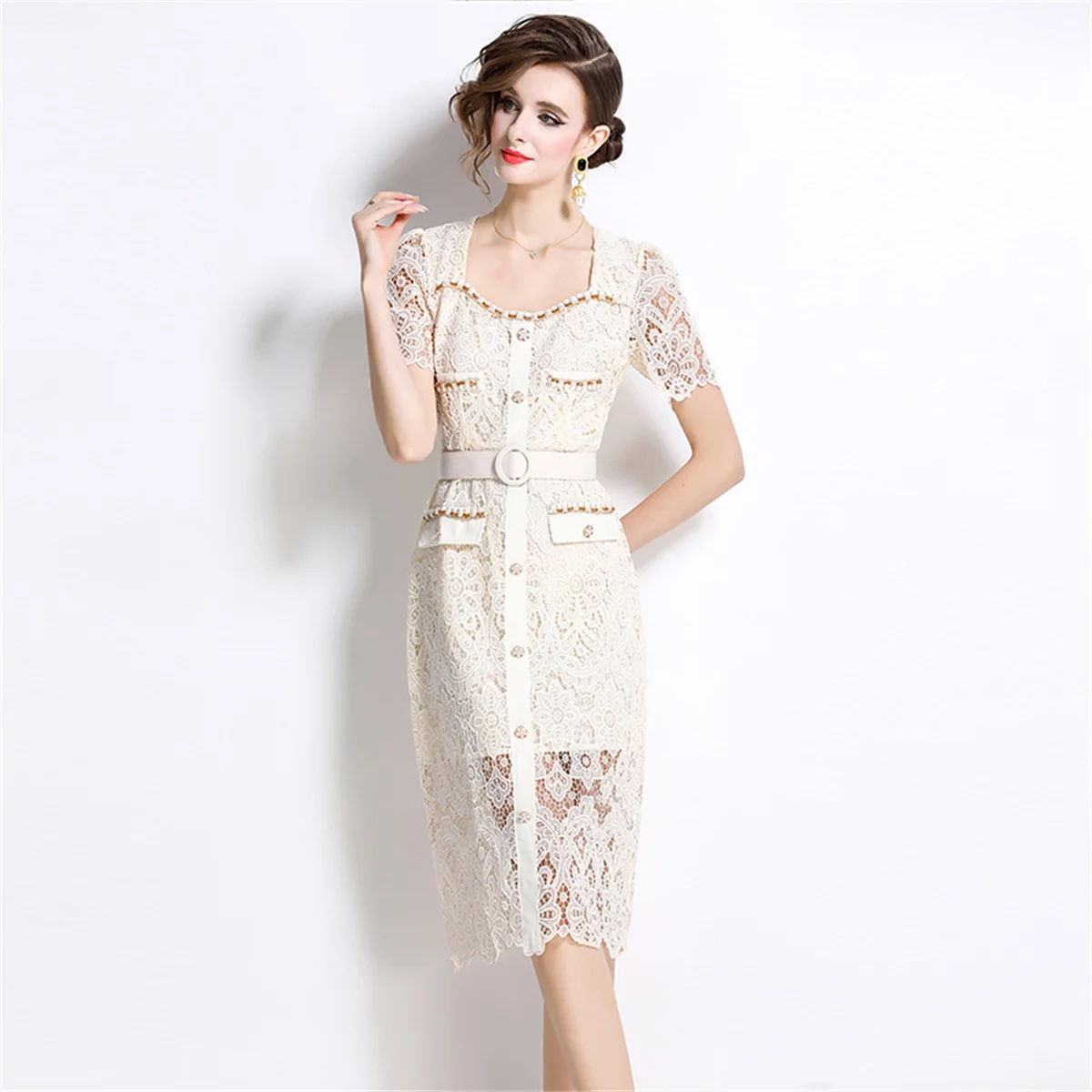 

Small Fragrant Wind French Flower Embroidery Lace Dresses Women's Square Collar Hollow out Beaded Slim Belt Summer Dress