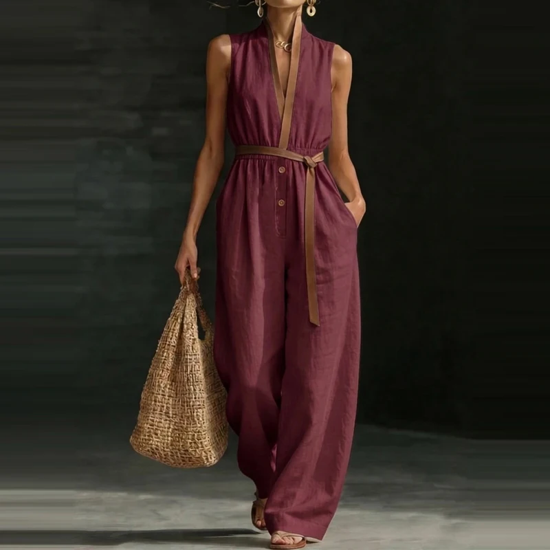

Women Elegant Button Matching Long Playsuits Fashion V-neck Elastic Waist Women Jumpsuits Casual Sleeveless Pocket Loose Romper