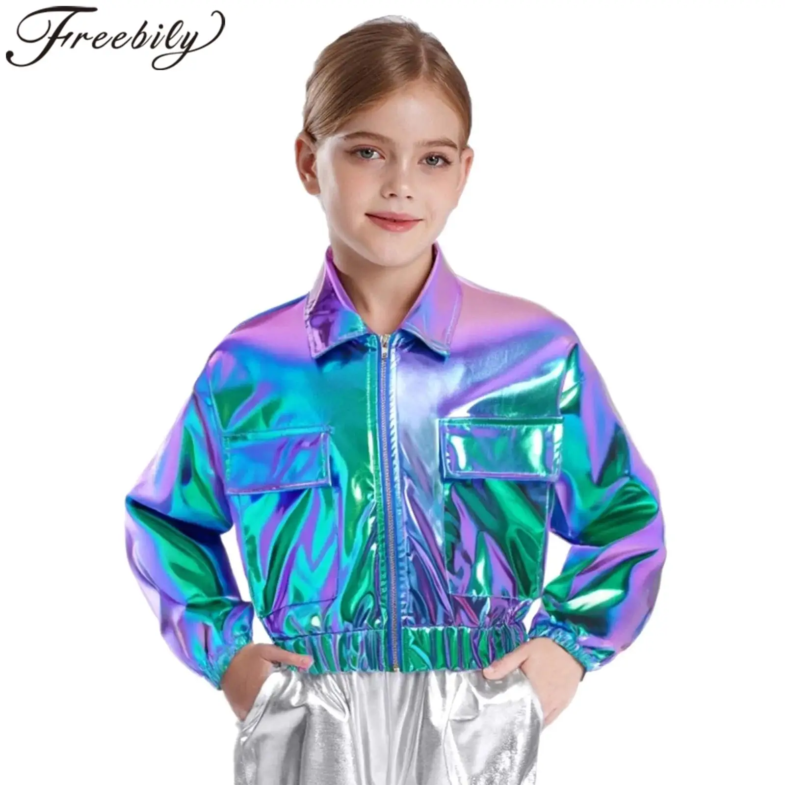 

Kids Boys Girls Shiny Jacket Disco Tops Fashion Children's Metallic Coats Stage Jazz Dance Costume Performance Festival Clothes