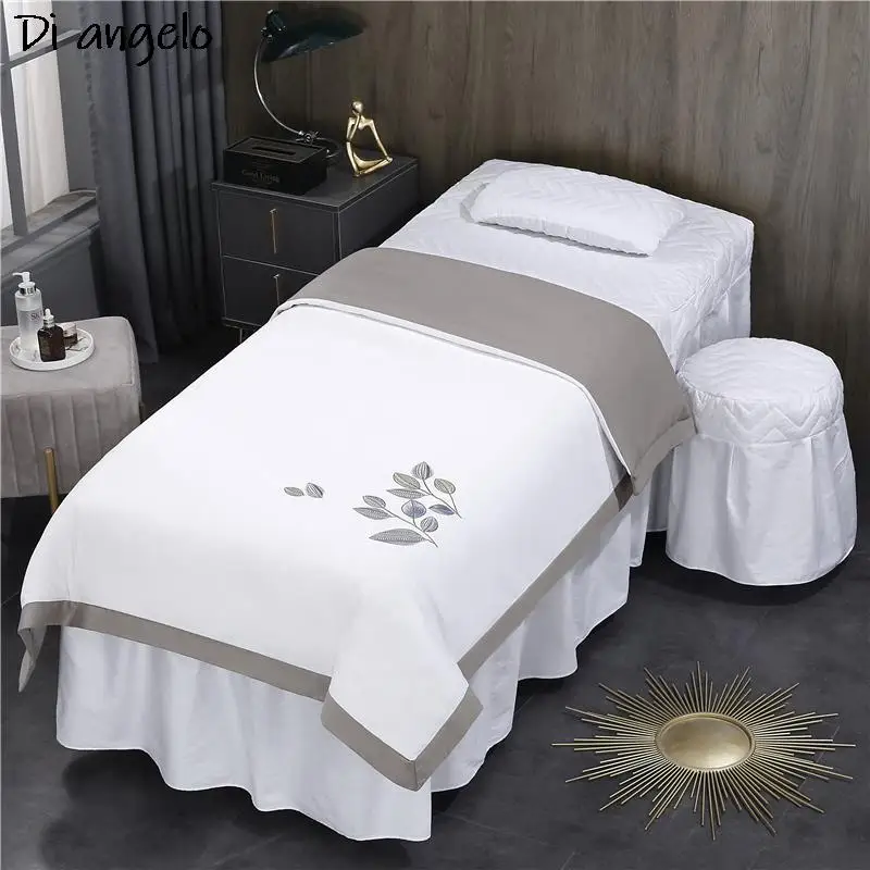 

Custom Size Logo Solid Embroidery Beauty Salon Bedding Set Bed Linen Sheet Massage Spa Bedskirt Stoolcover Pillow Quilt Cover#s