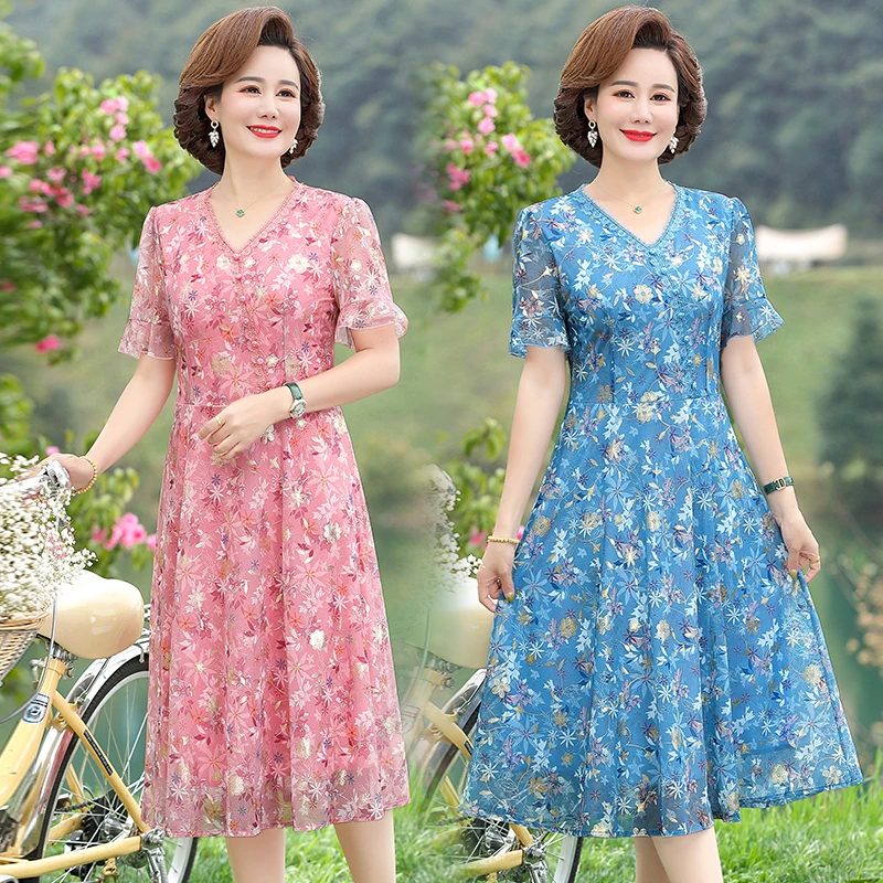 Women Printing V-Neck Short Sleeve Mid-Length A-Line Chiffon Elegant Daily Wear Party Cocktail Dress