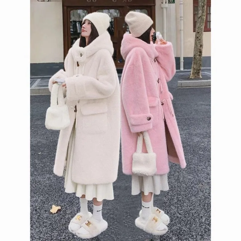 Explosive Mink Fur Coat Coat Women\'s Winter with Wool and Thick Horn Buckle Hooded Long Cute Everything Women\'s Clothing Mignon