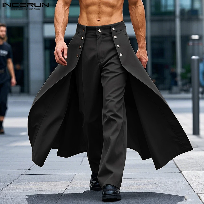INCERUN Men Irregular Pants Solid Color Button Joggers Loose Casual Trousers Men Streetwear 2025 Fashion Male Long Pants S-5XL