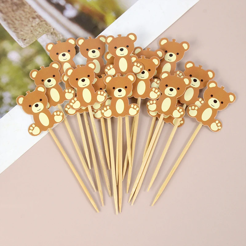 10-40PCS Cute Bear Paper Straw Brown Bears Toothpick Cocktail Stick Food Picks Kids Birthday Baby Shower Party Decoration Supply