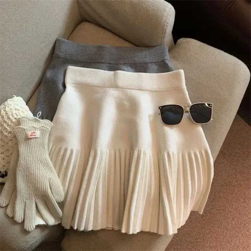 2026 Autumn Winter New Women's Elastic High Waist Pleated Mini Skirt A-line Hip-hugging Knitted Bottoming Skirt For Outer Wear