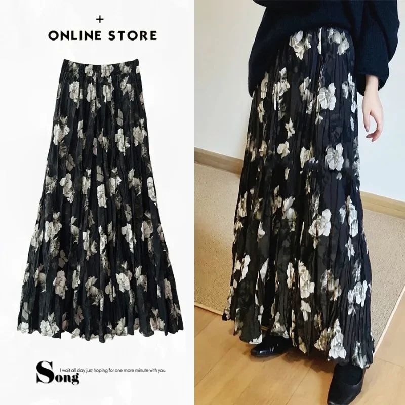 2024 New Women Vintage Long Pleated Skirt Autumn Winter Elegant Atmosphere Floral Print Casual Bottoms Stylish Versatile Clothes