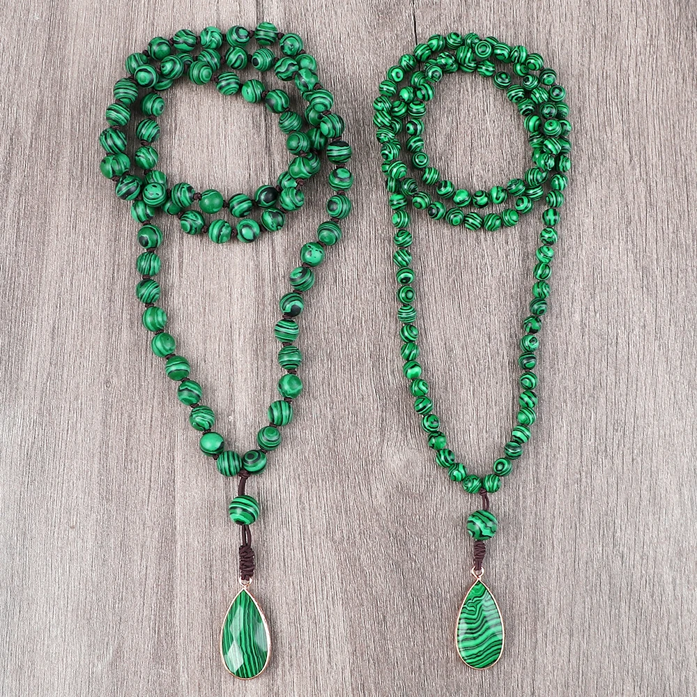 Fashion 6 8mm Malachite Beaded Necklace Bohemian Stone Drop Pendant Handmade Knotted Yoga Meditation Jewelry for Women Men Gifts