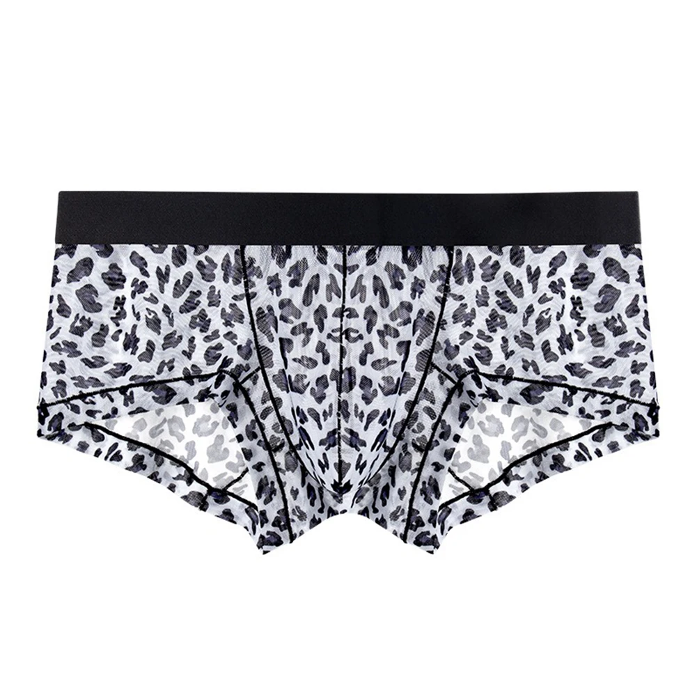 Men Boxer Briefs Leopard Printed Underwear Low-Waist Pouch Panties Mesh Shorts Breathable Ultra-thin Translucent Underpants