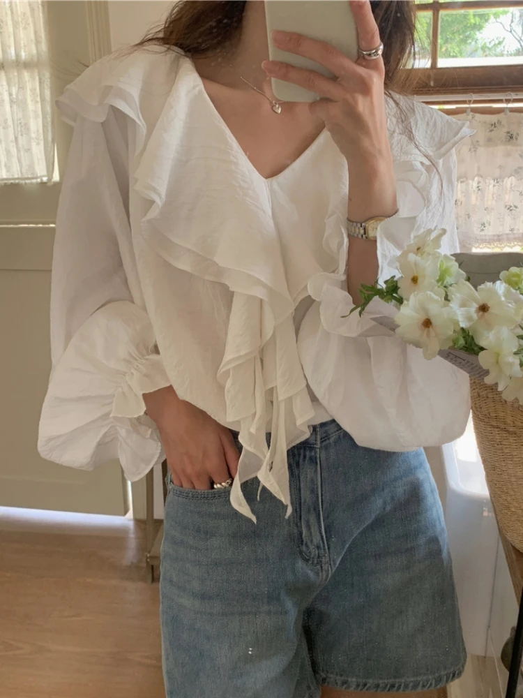 BL9888 New 2023 Elegant Lady Chic Sweet Ruffles V-Neck Fashion French Style Women Blouses Shirts Spring Summer Vintage Tops