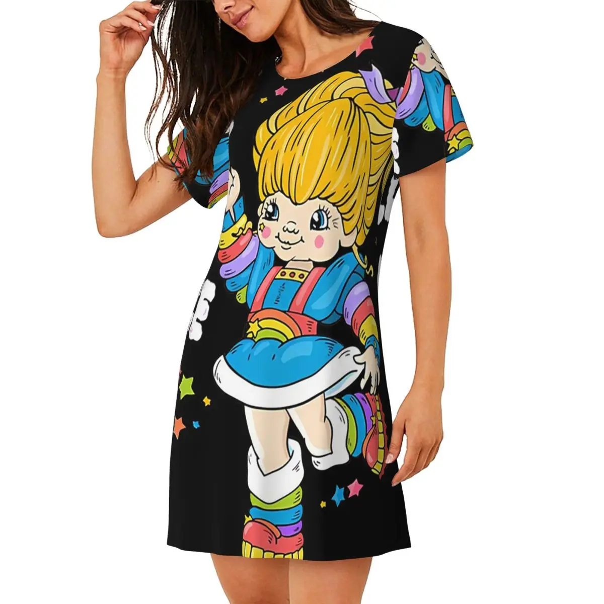 Custom Rainbows Brite Cartoon Short Sleeves Nightdress For Sleeping Sleepshirts Women Short Sleeve Nightgowns Soft Pajama Dress