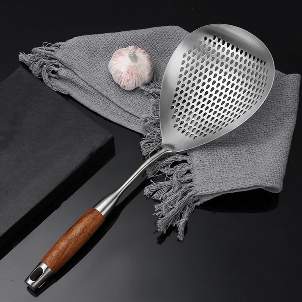 

Stainless Steel Noodle Strainer Spoon with Wood Handle Large Capacity Metal Slotted Spoon for Kitchen Pasta Fried Food
