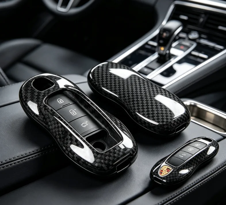 Real Carbon Fiber Car Key Cover Sets Fit Porsche Cayenne Panamera Macan 718 911 918 Boxster Key Shell Accessories