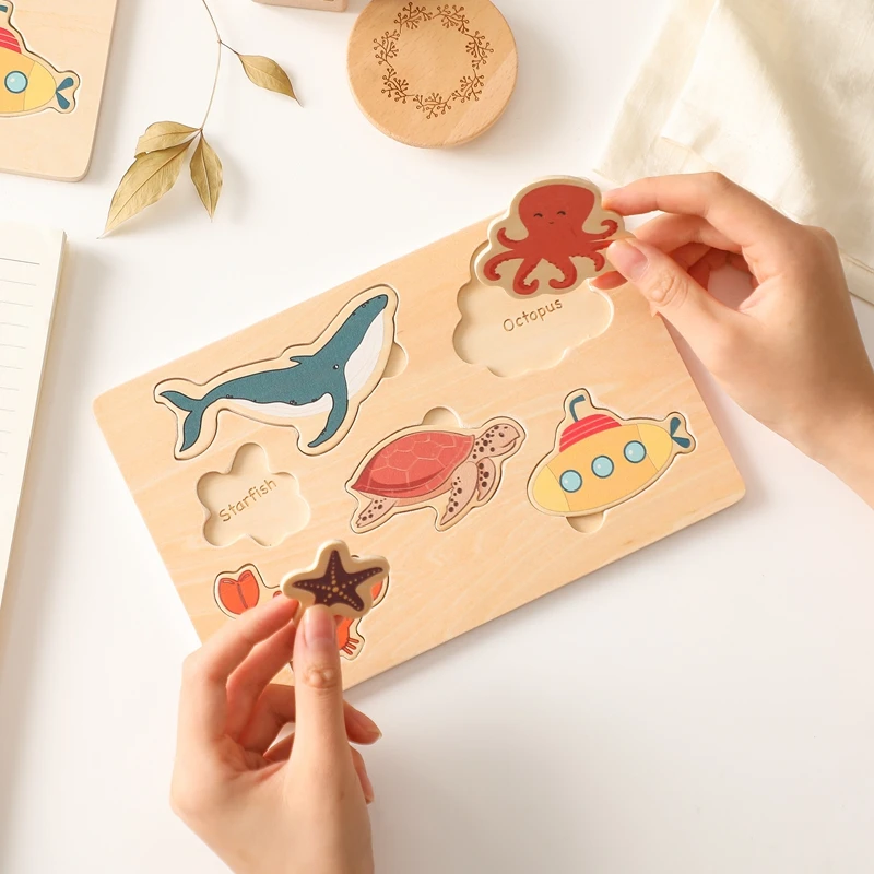 Montessori Baby Puzzle Animal Wooden Marine Land Plant Puzzle Board Baby Biological Cognition Education Board Toys for Children