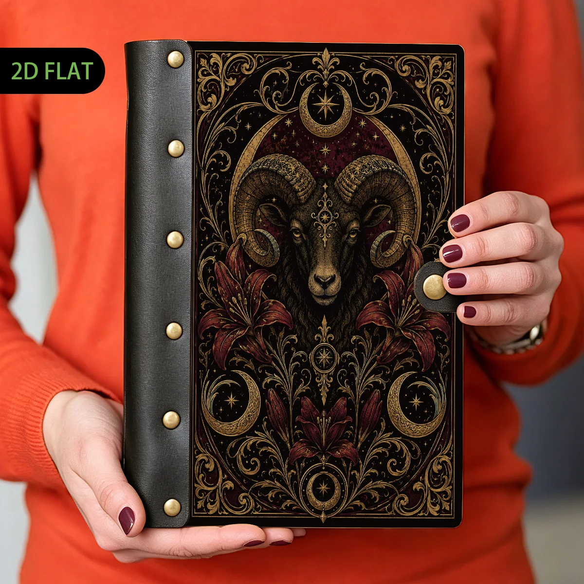 1pc Retro Burgundy Ram Moon Lily Wood Leather Binder Notebook, Refillable Loose Leaf, 2D Flat Hard Shell Metal Rivets, Premium E