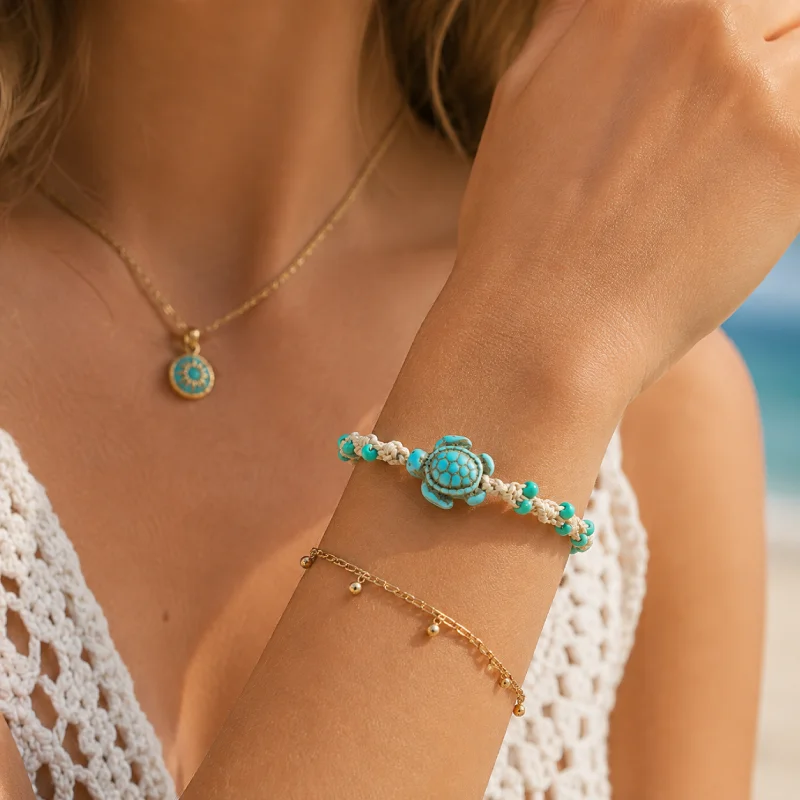 Böhmen Seil Armband Unisex Einstellbare Schildkröte Armband Sommer Strand Schmuck 4mm Reis Perle Armband Surf Brazalete Pulseira Joias – Detail 4