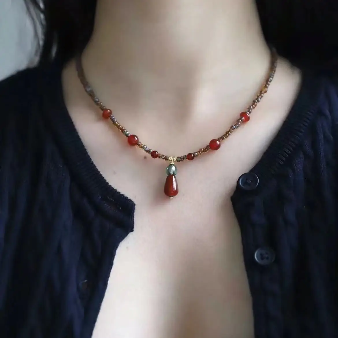 Red Bean Niche Beaded Necklace Charms Women's Vintage Water Drop Clavicle Chain Ins Style Chinese Style Trendy Necklace Pendants