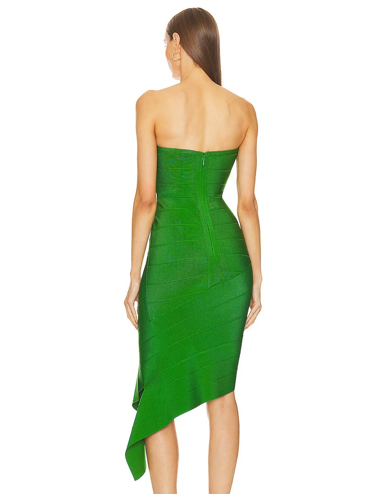 VC Sexy Strapless Irregular Draped Bandage Dress Women Green Sleeveless Backless Asymmetric Bodycon Celebrity  Evening Dress