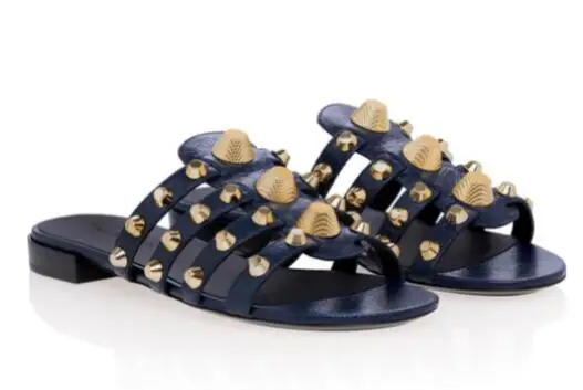 Punk Women Beige Black Dark Blue Red Leather Gold Metal Rivet Open Toe Casual Flat Slippers Ladies Hollow Slide Sandals Shoes