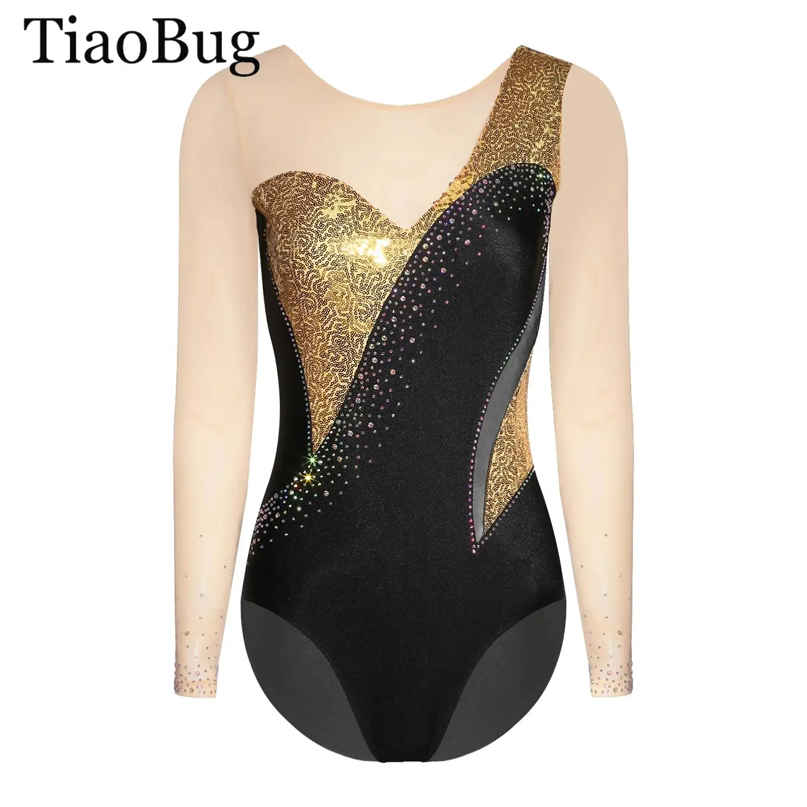 

Women Ballet Leotard Bodysuit Long Sleeve Sequin Gymnastics Dance Jumpsuit Sheer Mesh Figure Skating Rhythmic Gymnastics Suit
